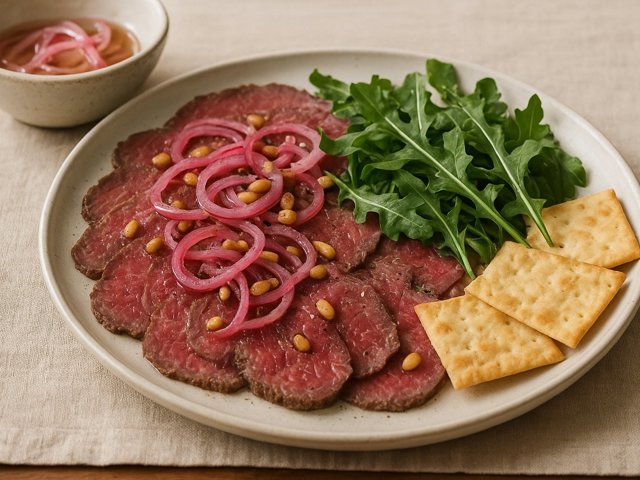 Shaved Steak Carpaccio WITH Pickled Onions, PINE Nuts, AND Arugula