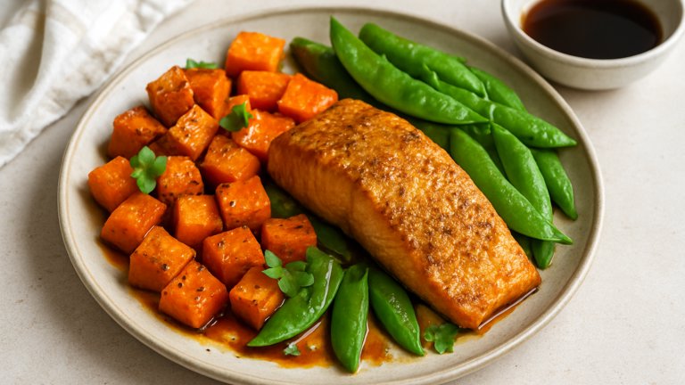 Sheet Pan Curry Salmon with Ponzu-Dressed Sweet Potatoes & Snap Peas