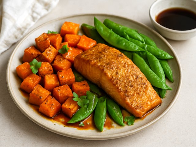 Sheet Pan Curry Salmon with Ponzu-Dressed Sweet Potatoes & Snap Peas
