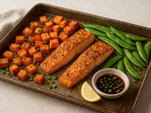 Sheet Pan Curry Salmon with Ponzu-Dressed Sweet Potatoes & Snap Peas