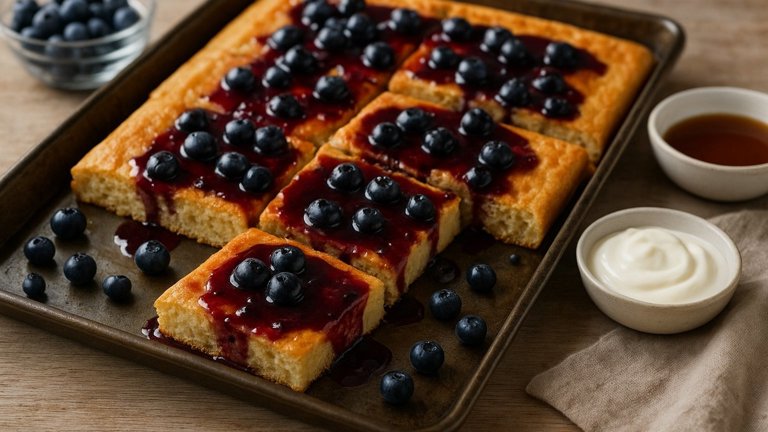 Sheet Pan Pancakes With Blueberry Syrup