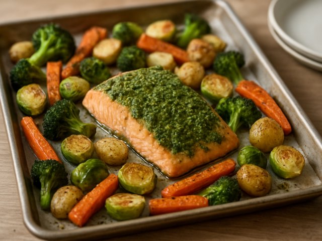 Sheet Pan Pesto Salmon with Roasted Vegetables