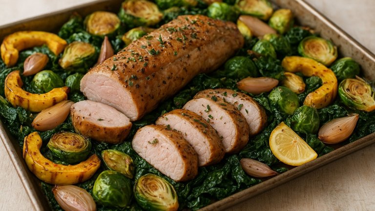 Sheet-Pan PORK Tenderloin WITH Delicata, Kale, AND Brussels Sprouts