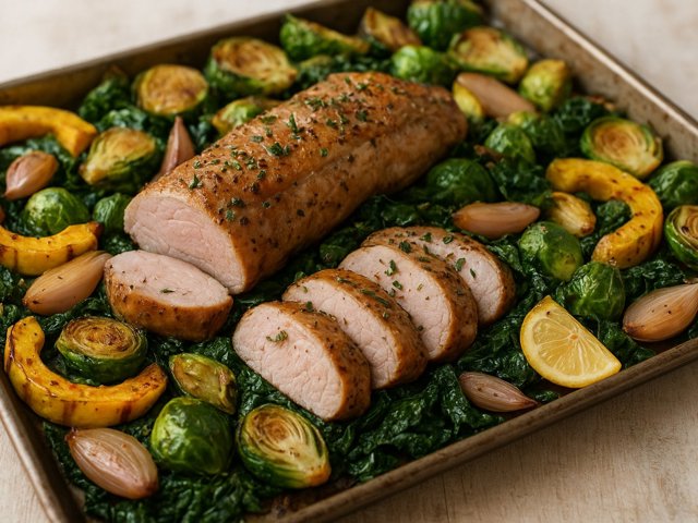 Sheet-Pan Pork Tenderloin With Delicata, Kale, And Brussels Sprouts