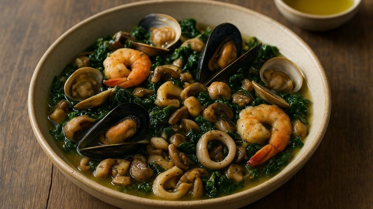 Shellfish With Mushrooms And Greens