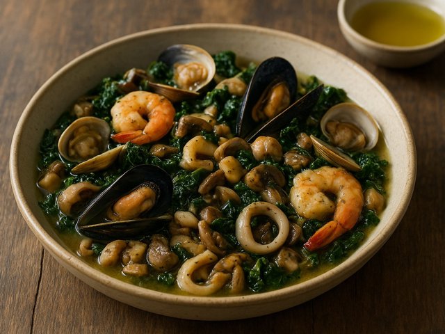 Shellfish With Mushrooms And Greens