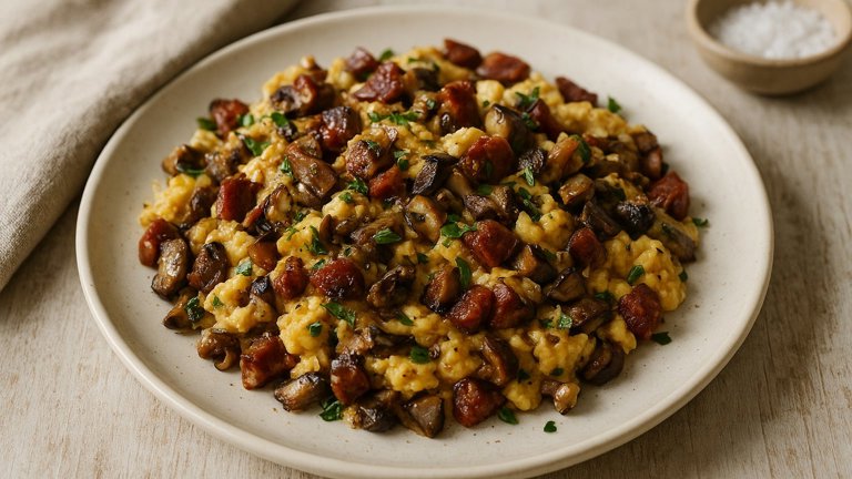 Simple Scrambled EGGS With WILD Mushrooms And Chorizo