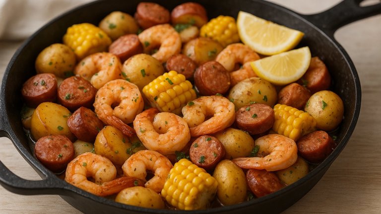 Skillet Shrimp “Boil”: With Potatoes, Corn, And Sausage