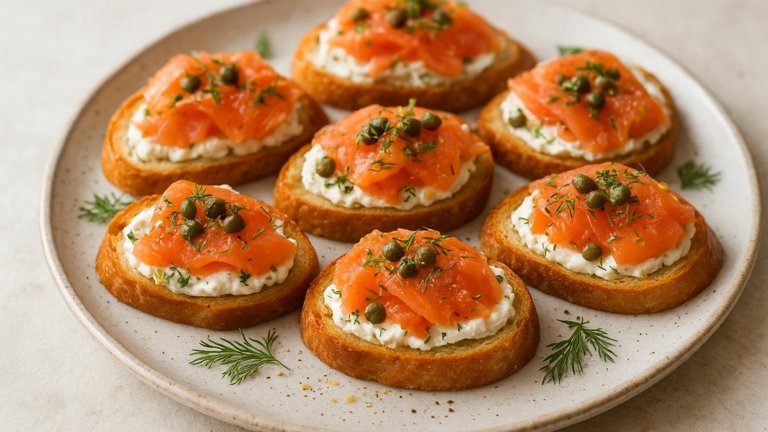 SMOKED SALMON CROSTINI WITH CAPERS, DILL, AND GOAT CHEESE