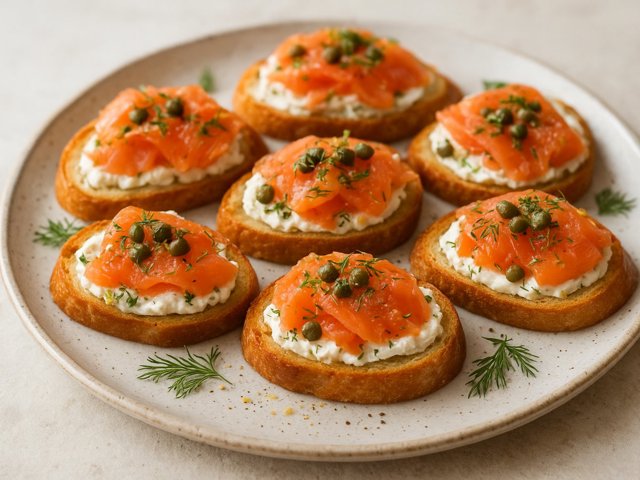 Smoked Salmon Crostini WITH Capers, Dill, AND GOAT Cheese