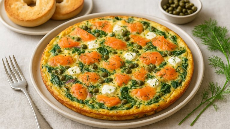 SMOKED SALMON FRITTATA: with Cream Cheese, Capers, and Dill