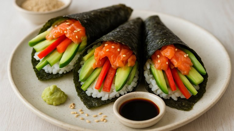 Smoked Salmon Sushi Hand Rolls with Avocado and Cucumber