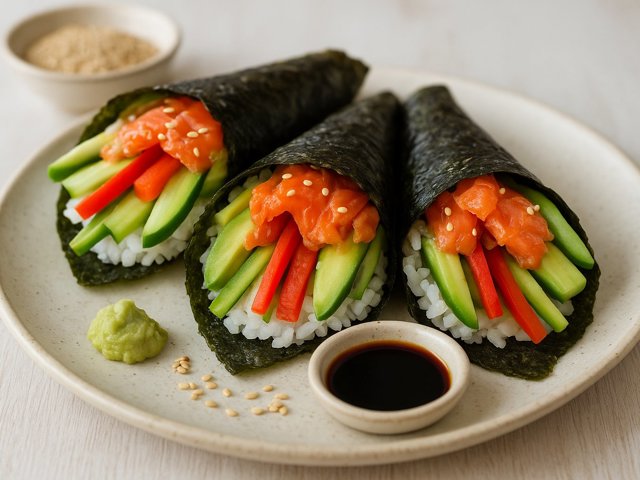 Smoked Salmon Sushi Hand Rolls with Avocado and Cucumber
