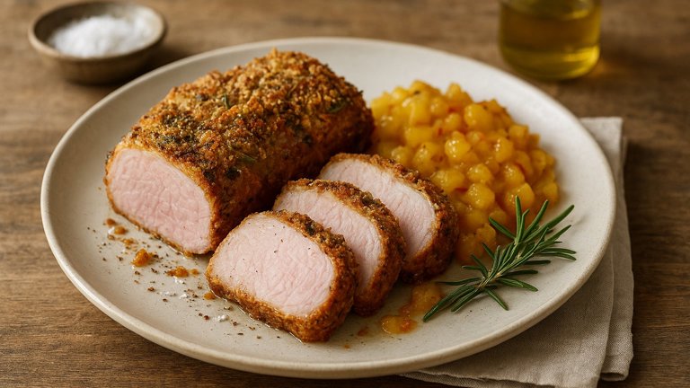 Sobrasada And Rosemary-Crusted PORK With Saffron-Apple Compote