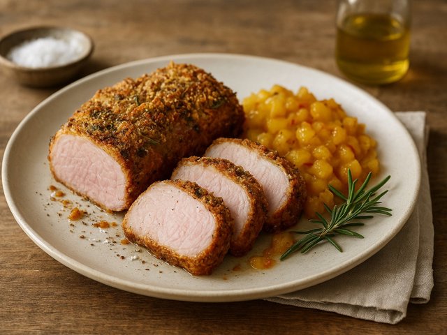 Sobrasada And Rosemary-Crusted Pork With Saffron-Apple Compote