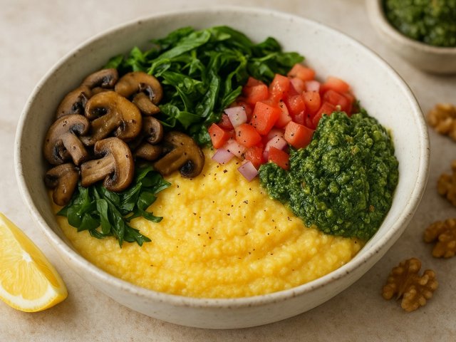 Soft Polenta & Mushroom Bowl With Walnut-Kale Pesto