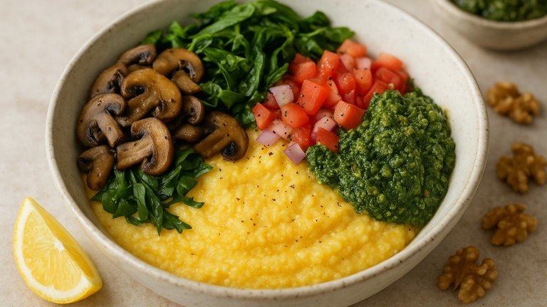 Soft Polenta & Mushroom Bowl With Walnut-Kale Pesto
