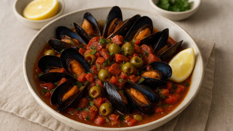 Spanish-Style Mussels With Olives, Chorizo And Sherry