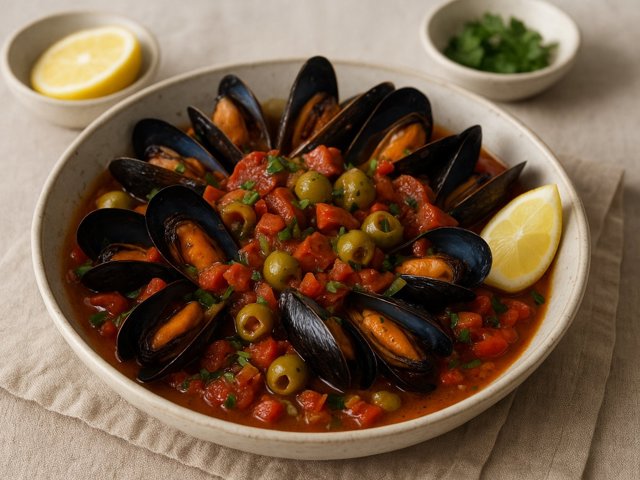 Spanish-Style Mussels With Olives, Chorizo And Sherry