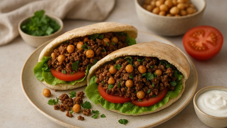 Spiced BEEF AND Chickpea-Stuffed Pitas “Kawarma”