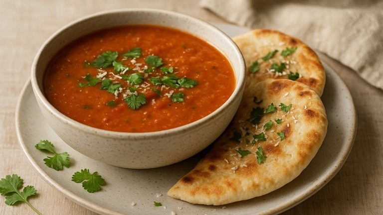 Spiced Fresh Tomato Soup With Sweet And Herby Pitas