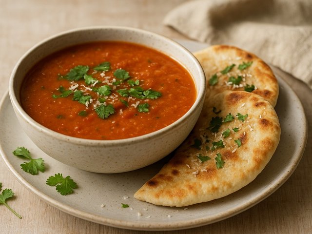 Spiced Fresh Tomato Soup With Sweet And Herby Pitas