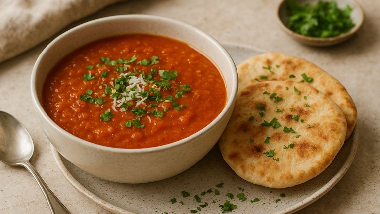Spiced Fresh Tomato Soup With Sweet & Herby Pitas