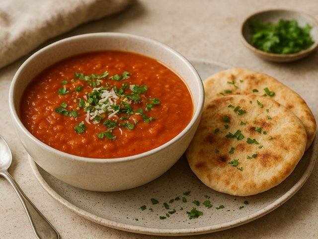 Spiced Fresh Tomato Soup With Sweet & Herby Pitas