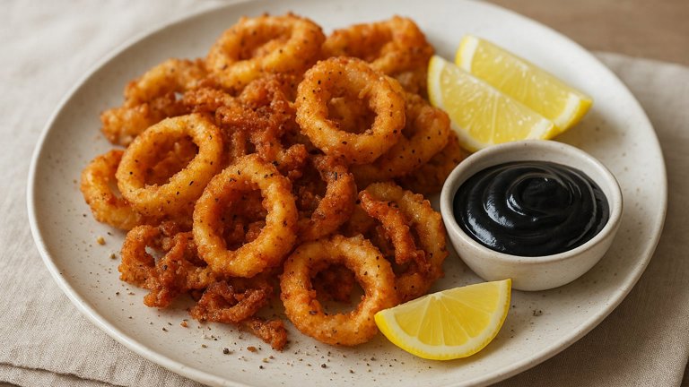 Spicy Fried Calamari With Squid-Ink Aioli