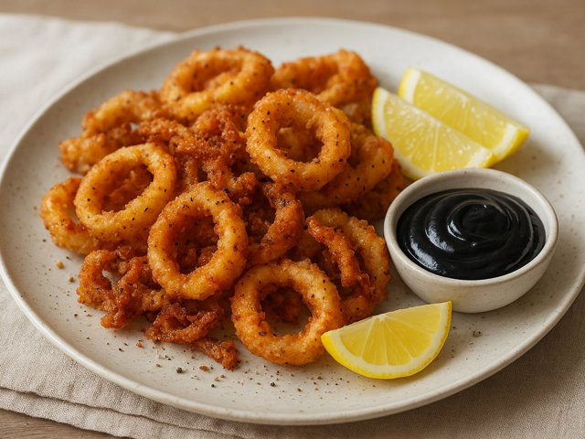 Spicy Fried Calamari With Squid-Ink Aioli