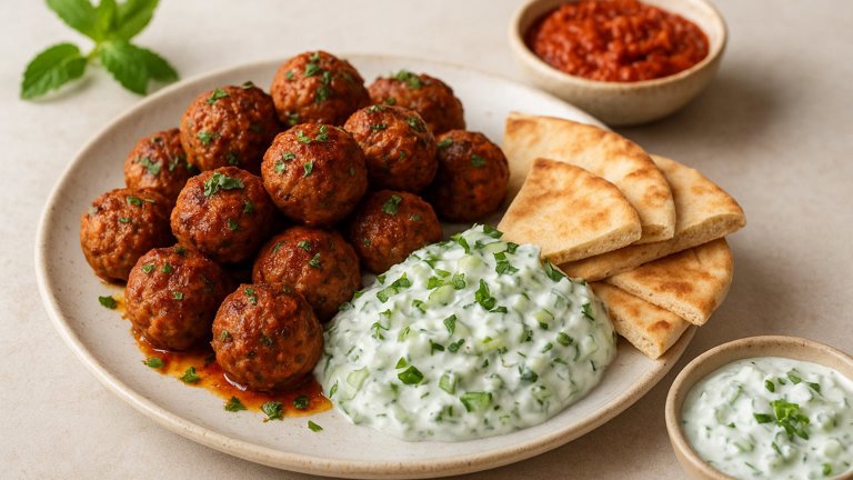 Spicy LAMB Meatballs WITH Cucumber-Mint Tzatziki