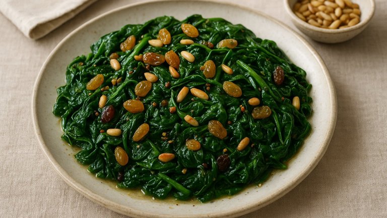 Spinach With Pine Nuts And Raisins