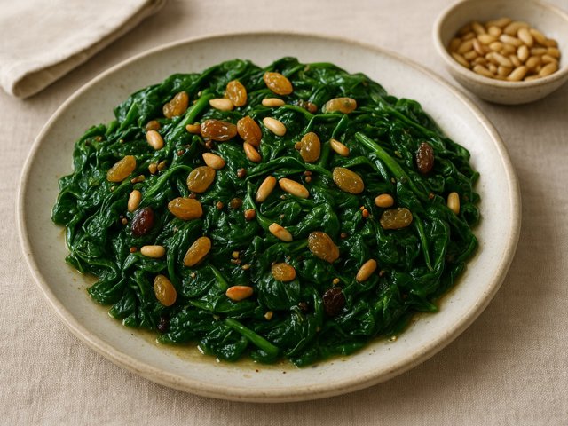 Spinach With Pine Nuts And Raisins