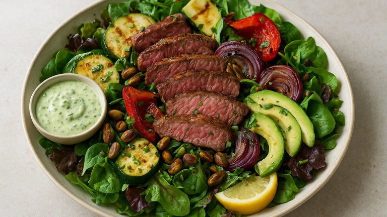 STEAK SALAD WITH GRILLED VEGETABLES, PISTACHIOS, AND GREEN GODDESS DRESSING