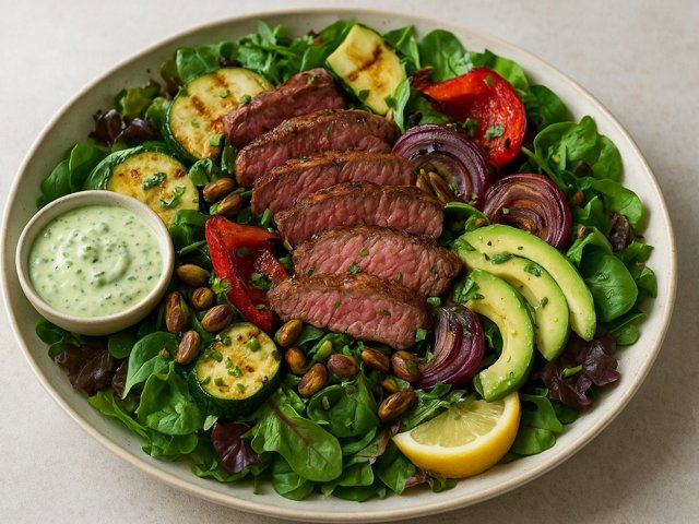 STEAK SALAD WITH GRILLED VEGETABLES, PISTACHIOS, AND GREEN GODDESS DRESSING