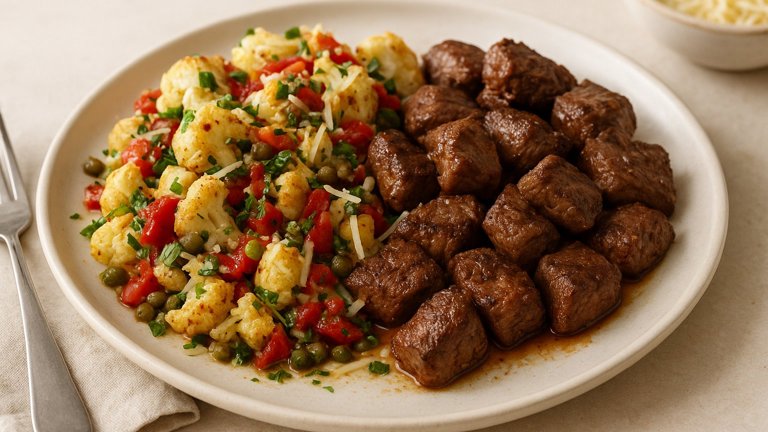 Steak TIPS AND Cauliflower “Caponata” Salad