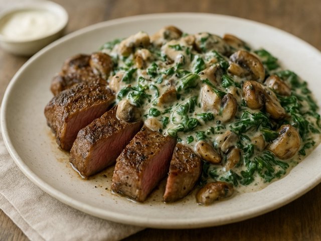 Steak With Creamy Mushrooms & Spinach