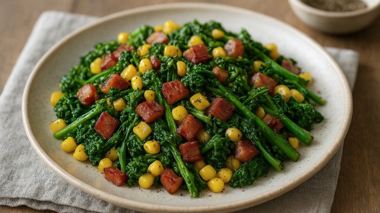 Stir-Fried Summer Corn, Bacon, AND Broccoli RABE