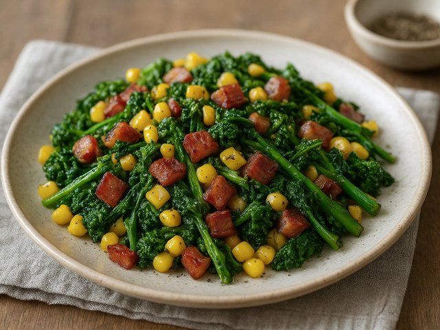 Stir-Fried Summer Corn, Bacon, And Broccoli Rabe