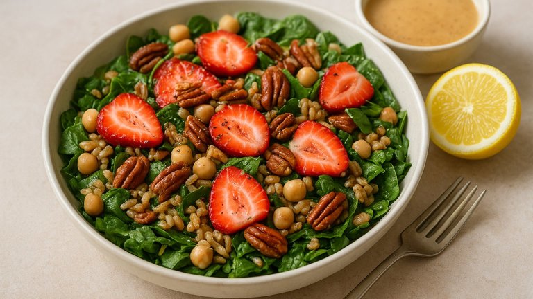 Strawberry Spinach Bowl With Toasted Pecans & Almond-Ginger Dressing