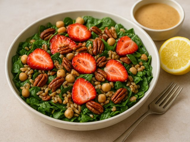 Strawberry Spinach Bowl With Toasted Pecans & Almond-Ginger Dressing