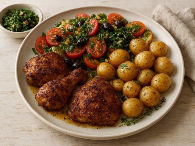 Sumac Chicken With Black Gremolata & Tomato Salad