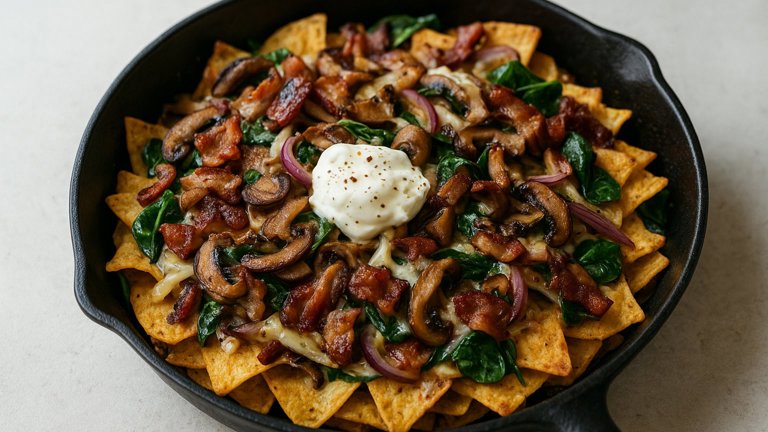 Super-Fancy Bacon AND Porcini Skillet Nachos