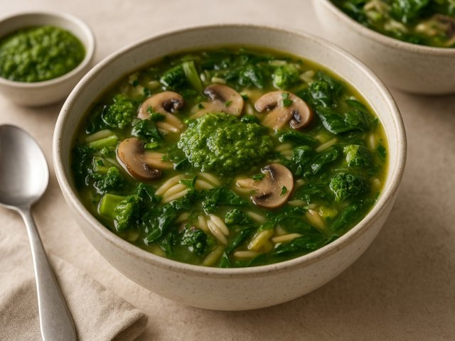 Supergreen Mushroom & Orzo Soup