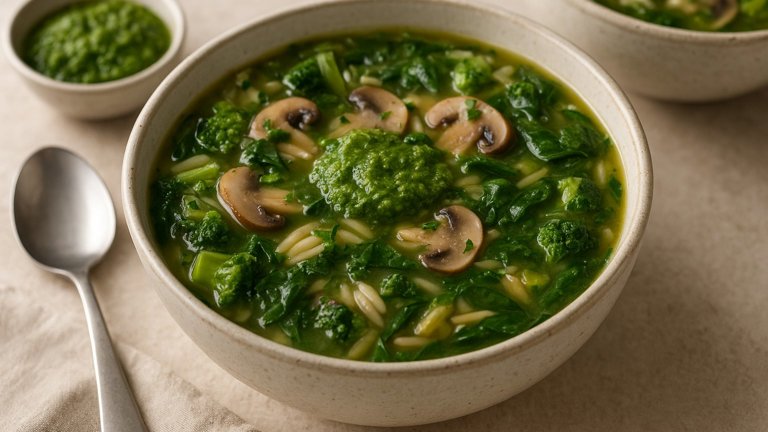 Supergreen Mushroom & Orzo Soup