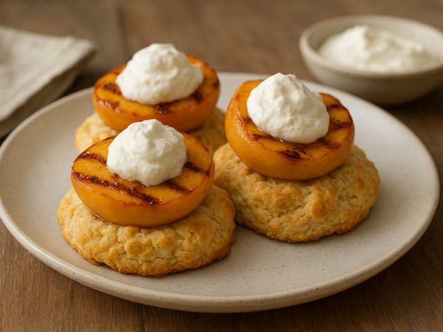 Sweet DROP Biscuits WITH Grilled Peaches AND Cream