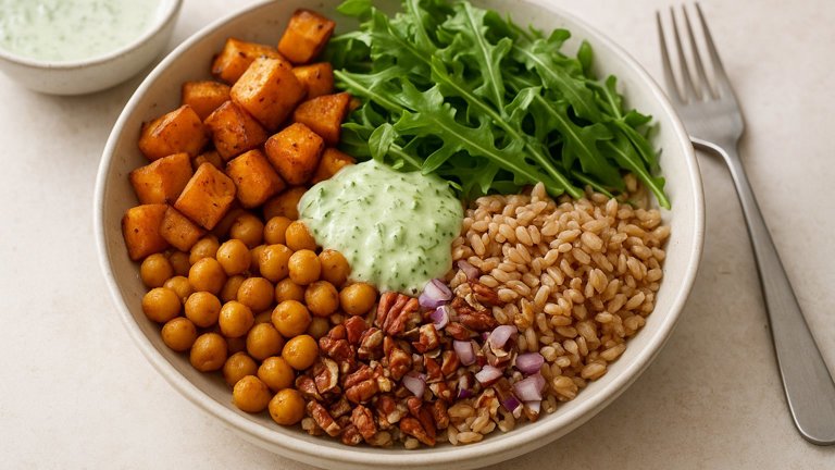 Sweet Potato & Farro Bowl With Cucumber-Dill Dressing