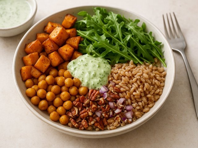 Sweet Potato & Farro Bowl With Cucumber-Dill Dressing