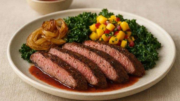Tarragon-Raspberry Flank Steak with Caramelized Onions, Kale, and Mango Salsa
