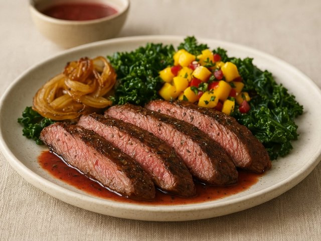 Tarragon-Raspberry Flank Steak With Caramelized Onions, Kale, And Mango Salsa